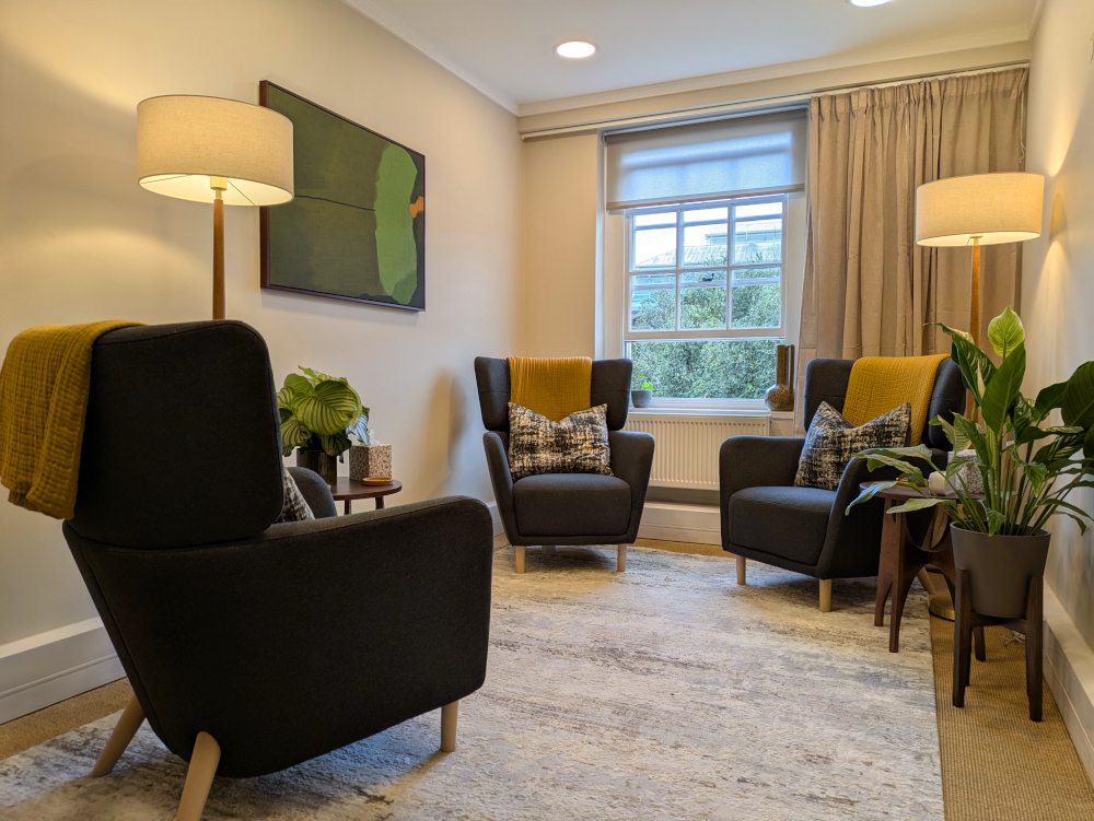 Therapy room with armchairs, warm lamps and a large window overlooking trees